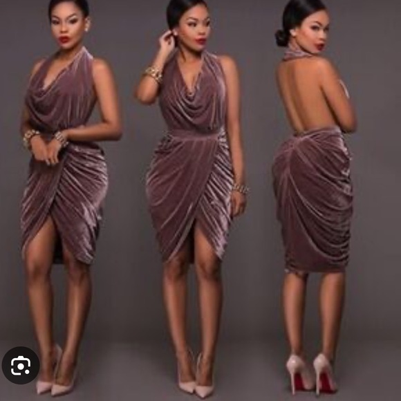 Nude Velvet Halter Elegant Formal Cocktail Draped Dress Sz M Event Date Night - Picture 1 of 13